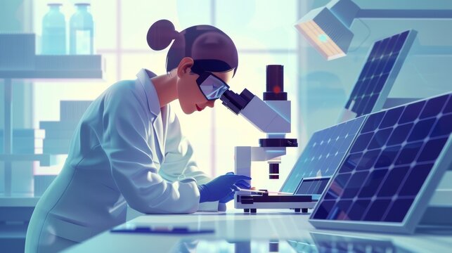 A scientist carefully inspects a solar cell under a microscope studying the latest advancements in material design. . .