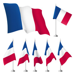France vector flags. A set of flags with metal stand, and one wavy flag fluttering on the wind. Created using gradient meshes, EPS 10 design elements from world collection