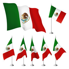 Mexico vector flags. A set of flags with metal stand, and one wavy flag fluttering on the wind. Created using gradient meshes, EPS 10 design elements from world collection