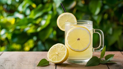 Lemons and lemons juice in glass with slices on table 