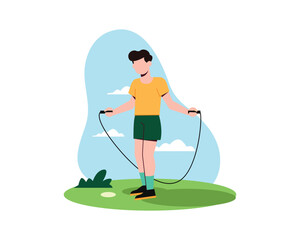 Young active man doing Jump rope. Skipping cardio exercise. Flat design for sport and leisure theme concept illustration.