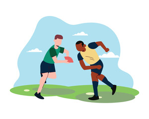 The silhouette of two caucasian rugby male players isolated on white background. Studio shot of fit men in motion or movement with ball. Jump and action concept. An incredible strain of all forces.