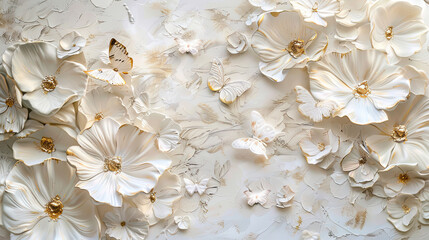 white butterflies on white with gold tint flowers painted with oil - Generative AI