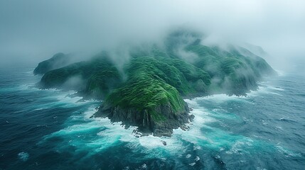 The aerial view of the amazing island is covered in fog. Aesthetic calm background. Tranquil landscape. Generative AI