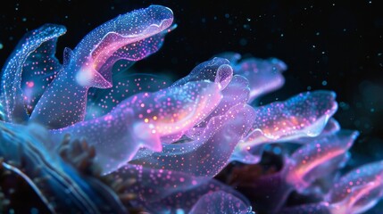 A world of glowing beauty captured in a still moment featuring bioluminescent organisms on a black background.