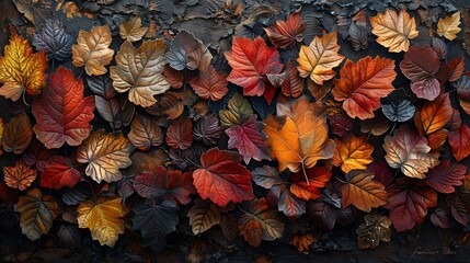 Witness the symphony of shapes and textures in a cluster of autumn leaves, their vibrant hues a...