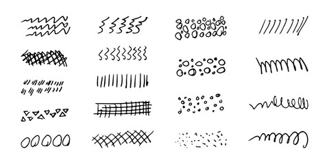 Brushes and elements for notes highlighting text. Strokes lines doodles dotted wavy strokes. Vector illustration...