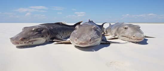 Three large sharks resting on the sandy ocean floor, surrounded by clear blue water, under the...