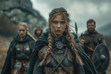 Portrait of a Slavic woman warrior in chain mail: depicting a strong and warlike figure reflecting the spirit and heritage of Slavic culture in its struggle and defense.