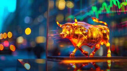 A gold bull figurine stands in front of a stock chart, symbolizing financial success and market trends - obrazy, fototapety, plakaty