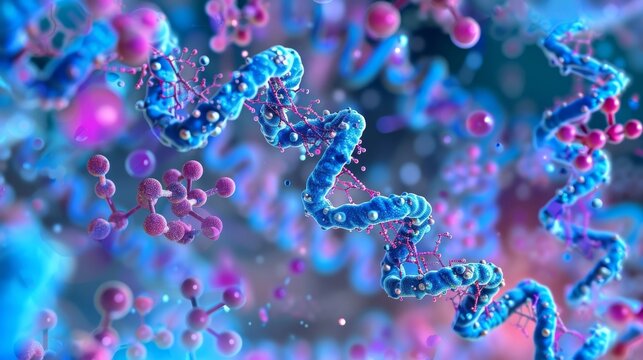 A vibrant image of gene expression through RNA with different types of RNA molecules interacting and carrying out their respective