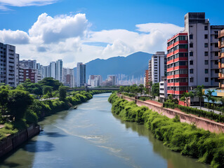 Fototapeta na wymiar A river in Brazil with buildings on the right side and greenery along its banks, blue sky with white clouds
