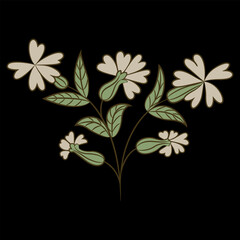 Stylized flower. Wildflower plant branch. Siléne vulgáris. Bouquet of white blossom and green leaves on black background. Vintage style. Illuminated manuscript floral design.