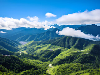 The green mountains of China, blue sky and white clouds, high definition photography, aerial perspective, overlooking the entire mountain range - Powered by Adobe