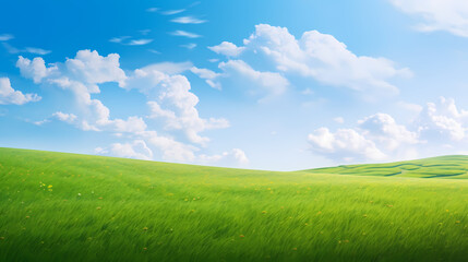 Fototapeta na wymiar Green grass field and blue sky with white clouds