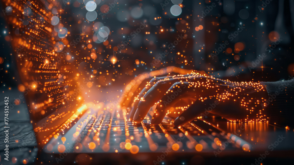 Wall mural futuristic iot concept: man coding on laptop and tablet, symbolizing digital innovation in software 