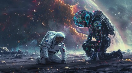 astronaut kneeling to a tall alien in high resolution and quality - obrazy, fototapety, plakaty