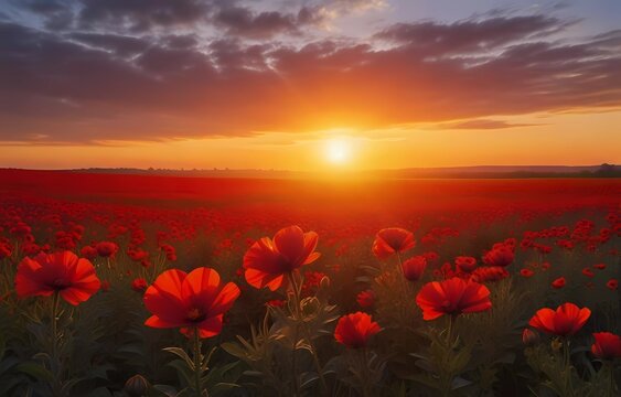 sunset over the field red flowers high quality photo HD 