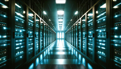 Fototapeta premium Data Technology Centre; Server Rack Room in operation.