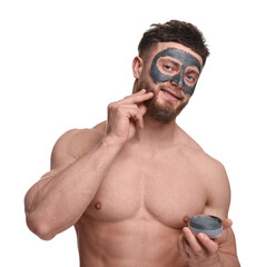 Fototapeta premium Handsome man with clay mask on his face against white background