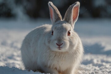 A white rabbit in the snow relaxing aesthetically