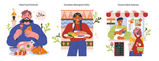 Culinary Culture set. Savoring delicacies at Halal Food Festivals. Authentic taste offered at Canadian-Aboriginal Cafes. Enjoying vibrant flavors at Casual Indian Eateries. Vector illustration