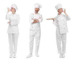 Chefs in uniforms on white background, set with photos