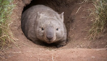 A Curious Wombat Peeking Out From A Burrow  2