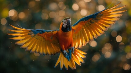 A vibrant bird, a colorful parrot, is flying gracefully through the sky.