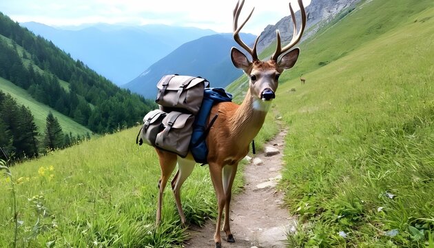 A Deer With A Backpack Hiking Through The Mountai  2