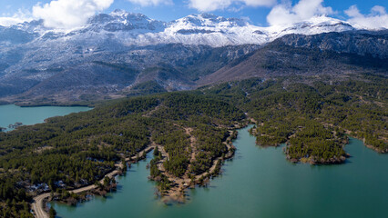 Aerial texture of irrigation dam, forests, trees, ecosystem, mountains and ecological mystical...