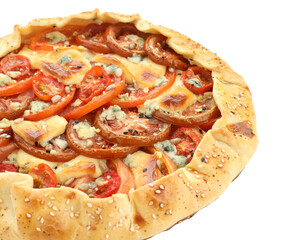 Tasty galette with tomato and cheese (Caprese galette) isolated on white