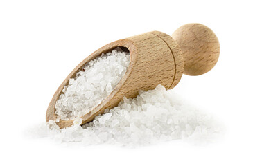 Fototapeta na wymiar Heap of natural salt and wooden scoop isolated on white