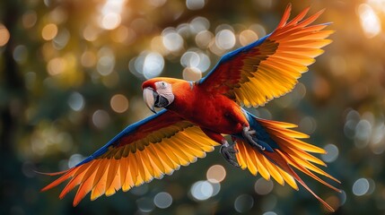 A red and yellow parrot gracefully flying through the air in a vibrant display of colors.