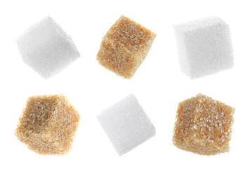 Different sugar cubes isolated on white, set