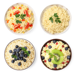 Tasty couscous in bowls isolated on white, top view