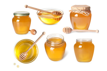 Natural honey, glass jars and dippers isolated on white, set