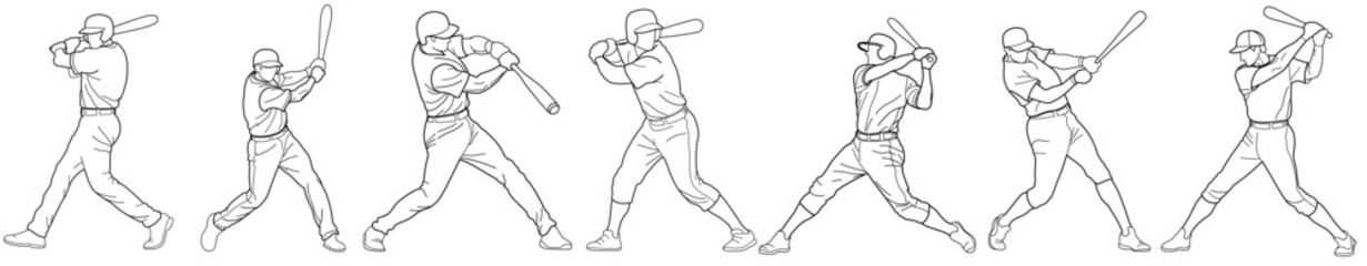 Set of baseball athletes with bats swinging for a hit, drawn in outlines, black on white background