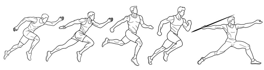 Set of athletes runners and javelin thrower, drawn in outlines, black on white background