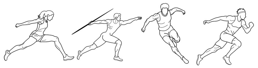Set of athletes runners, jumpers and javelin thrower, drawn in outlines, black on white background