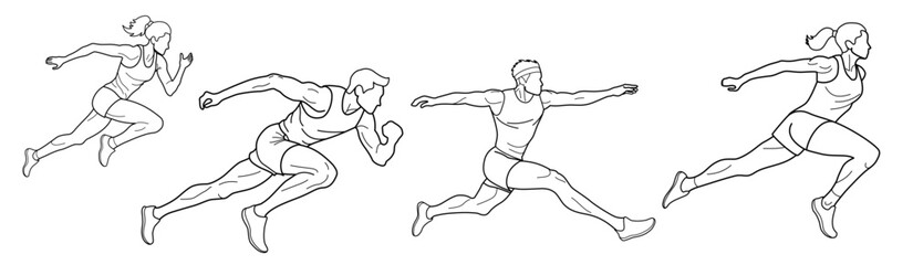 Set of athletes runners and jumpers, drawn in outlines, black on white background