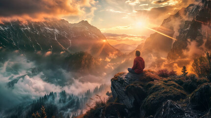Man meditating on the top of a mountain with beautiful sunrise in the background - obrazy, fototapety, plakaty