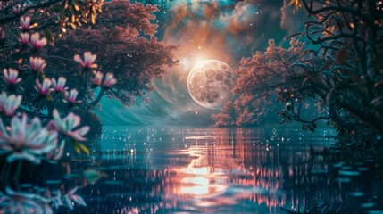 Beautiful fantasy landscape with full moon over the lake and trees.
