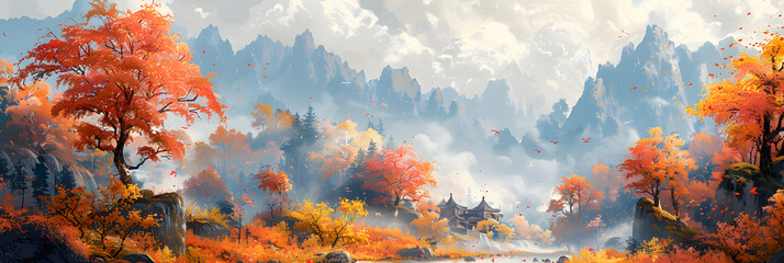 Fototapeta na wymiar sunset over the mountains, Painting Style Illustration Banner Wallpaper Beauty