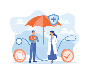 Doctors provide life insurance services. Man filling out a health insurance form. Health Insurance concept. Flat vector illustration.