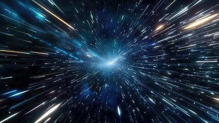 Lightspeed time travel background showcasing a fast journey through star galaxies and cosmos exploration. A neon line streak abstract backdrop illustrates the motion of traveling at the speed of light