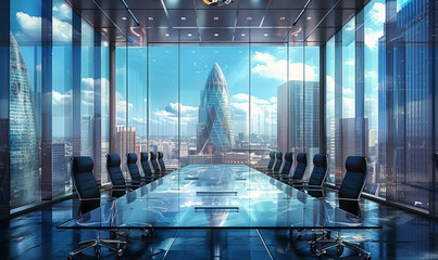 Modern boardroom, sleek design, skyscraper backdrop generative ai