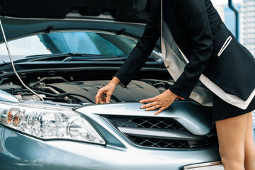 A business woman whose car breakdown try to fix the car by herself without help. uds