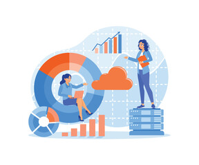 Accountants and assistants analyze financial data. Using a laptop to analyze data. Data Analysis Concept. Flat vector illustration.