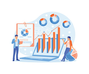 Financial experts monitor financial data. Business team planning business strategy. Data Analysis Concept. Flat vector illustration.